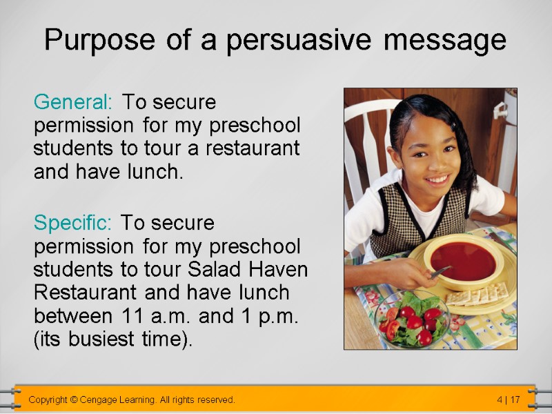 Purpose of a persuasive message General: To secure permission for my preschool students to